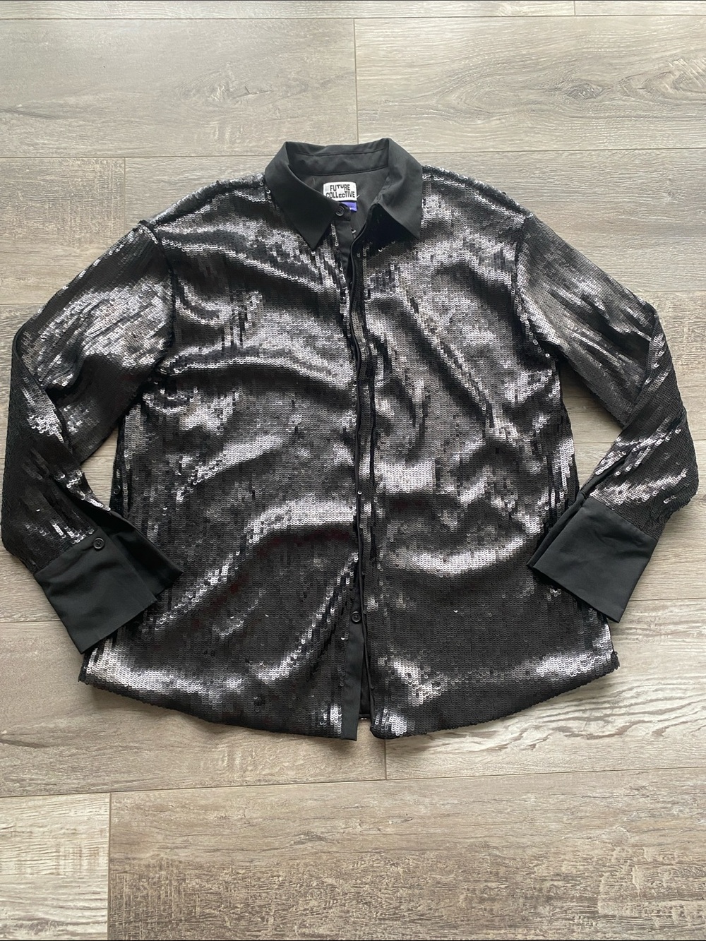 Future Collective Button Down Black Sequin Shirt Jacket Womens Sz Medium